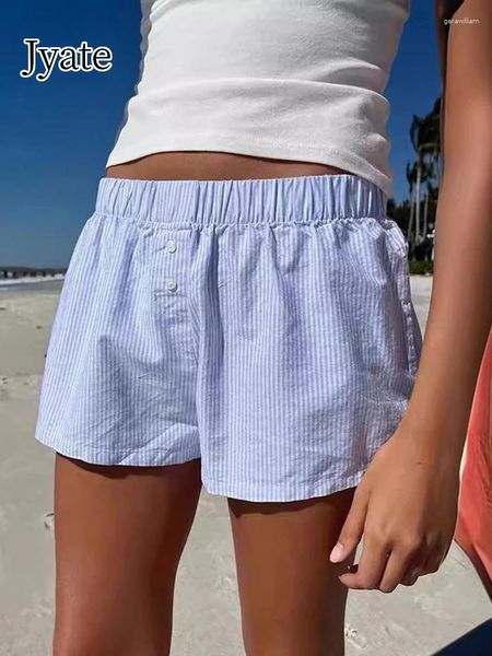 Frauen Shorts Blau gestreifte Frauen Sommerknöpfe elastische hohe Taille lässige gelegentlich gerade kurze Hosen süße süße Mädchen Baumwollschweiß