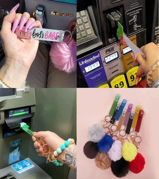 Acryl -Debit Bank Card Grabber Kreditkarten Abzieherschlüsselringe für lange Nagel mit Pom Pom Ball und Plastikclip Ganz 7801661