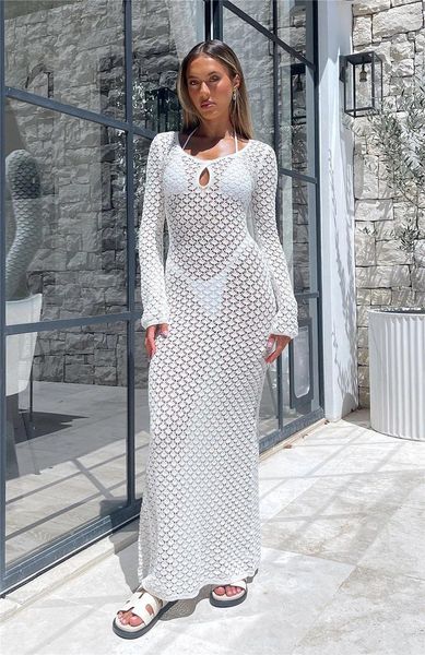 Donne all'uncinetto estivo in bikini copertine di bikini Ups bianco maniche lunghe nere vuoto Vedi attraverso Maxi Vestidos Abito da spiaggia sexy