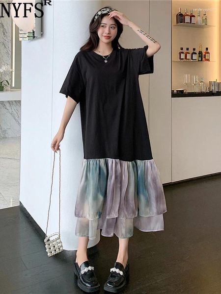 Partykleider NYFS 2024 Sommer Korea Frau Kleid Vestidos Robe Elbise Lose Plus Size Patchwork Organza -Druck Kurzarm Lang