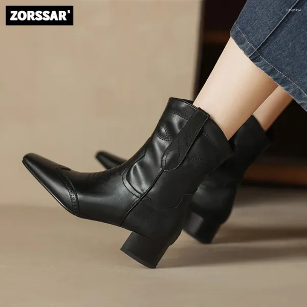 Stivali da cowboy occidentali donne spesse caviglia del tallone 2024 femminile eleganza eleganza corta donna calda scarpe invernali