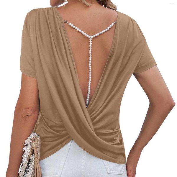 Camisetas femininas Temperamento de verão Sexy Backless Pearl Chain Round Neck Camiseta de manga curta para mulheres Dames Kleding 2024 Zomer