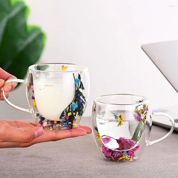 Weingläser kreativer Doppelwand Kaffeetasse echte getrocknete Blumenfüllerglas Tassen Teebecher mit griffen hitzebeständigem Geschenk