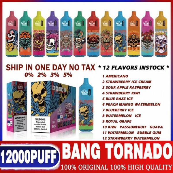 Bang Box Puff 12k e cigarros Tornado 12000 Pushs Big Vaporizadores Disponível Bobina de malha Vape Dish Bateria recarregável 0% 2% 3% 5%