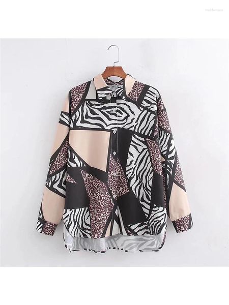 Bloups feminina meninas moda de retalhos de retalhos abstrato impressão solta tops vintage leopard primave