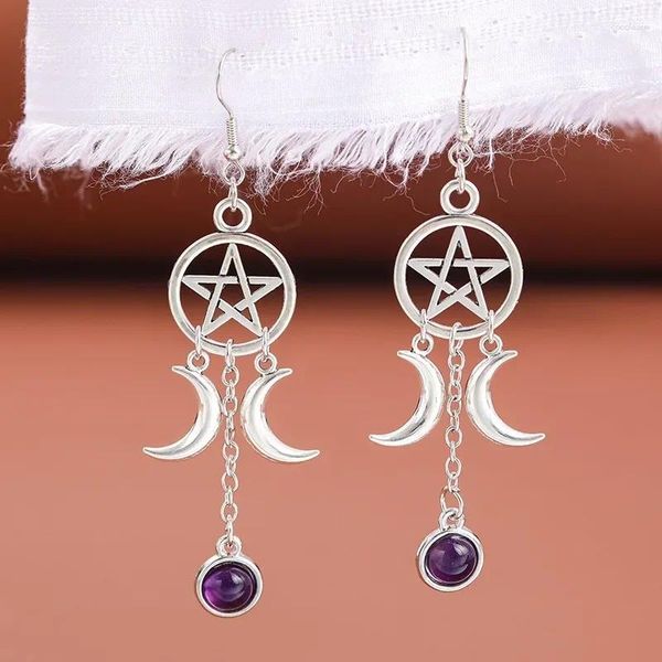 Orecchini penzolanti pentagramma gotico Crescent Purple Crystal per donne Fashi