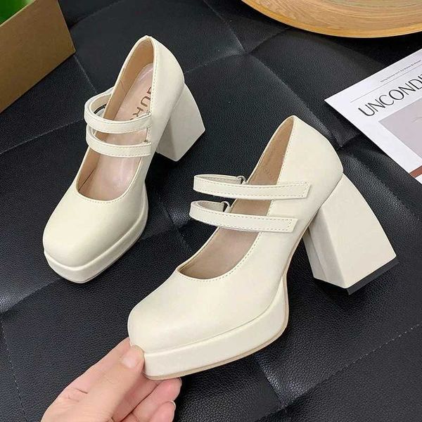 Kleiderschuhe zierlich Frauen weißes Magie Tape High Heels bequeme dicke Ferse Mary Jane Stil Keine müden Füße 2024 H240504