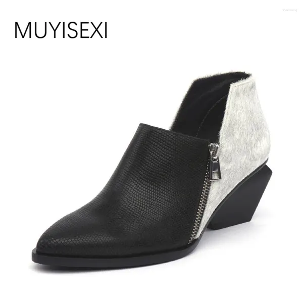 Stivali Muyisexi Autunno per le donne vera pelle in pelle a cavallo puntato tacchi quadrati irregolari slip-on caviglia 34-41 hl04