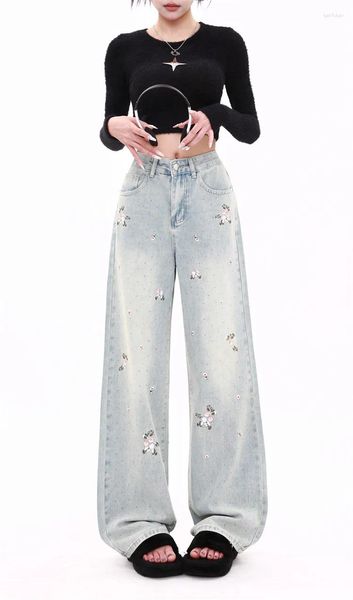 Jeans femminile versione coreana Sweet Flowers Estate casual sembrano pantaloni a gamba larga a vita sottile femmina