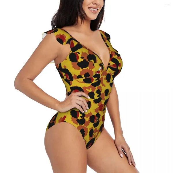 Frauen Badebekleidung Rüsche 2024 Frauen sexy ein Stück Badeanzug Frauen Gold Leopardenmuster Monokini Badeanzug Strandbekleidung