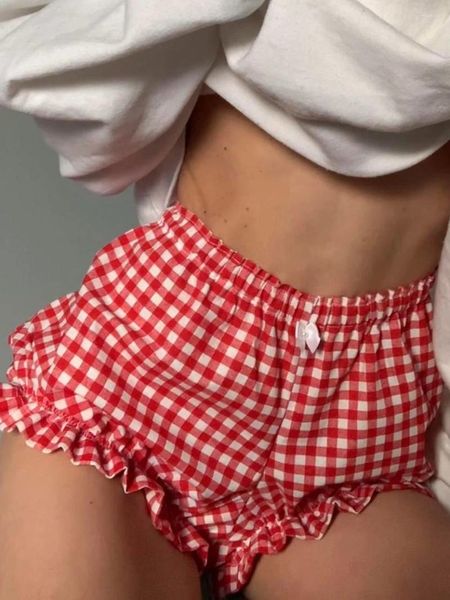 Damen -Shorts Sommer Casual Plaid Pyjama Elastic Band Rüschenverkleidung/Plaid/Feste Farbe/Entendruck Lounge für Dailiy