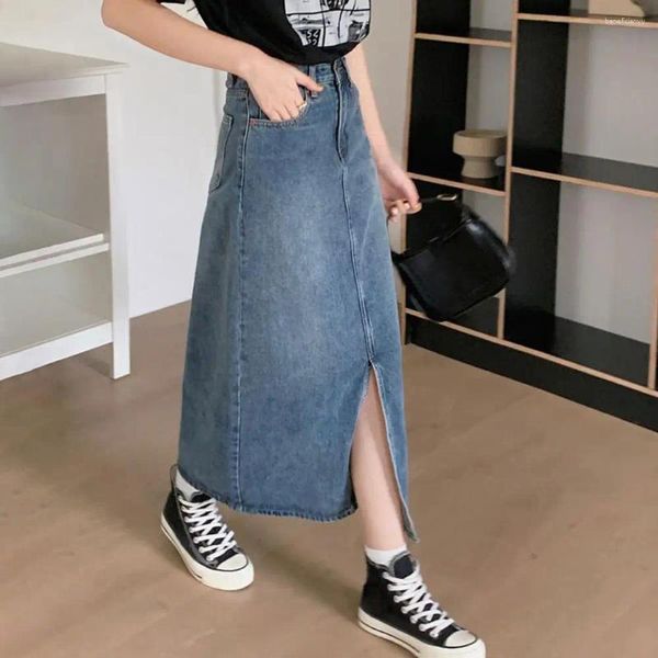 Saias 1pc Mulheres aconchegantes Retro Midi Skirt High Button-Zipper Fechamento Denim Multi Pockets Front Slit Design lavado