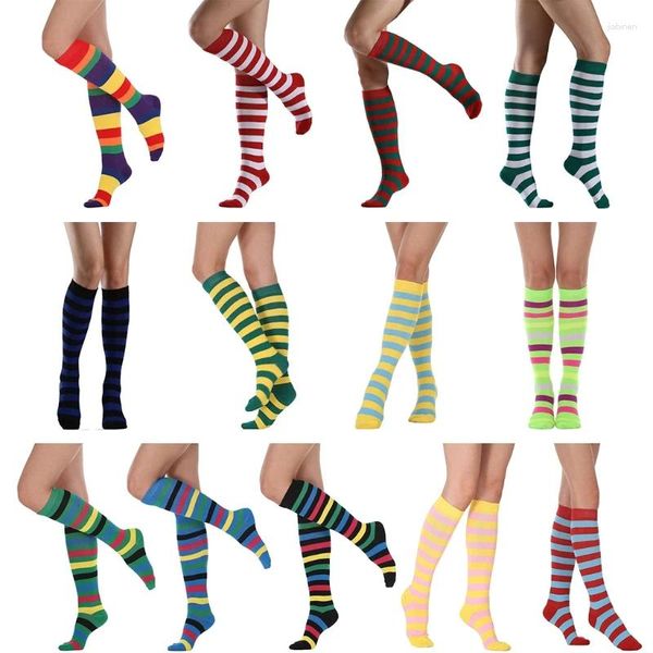 Frauen Socken Baumwollknie hoher Regenbogen Bunt gestreiftes Cosplay atmungsaktiv