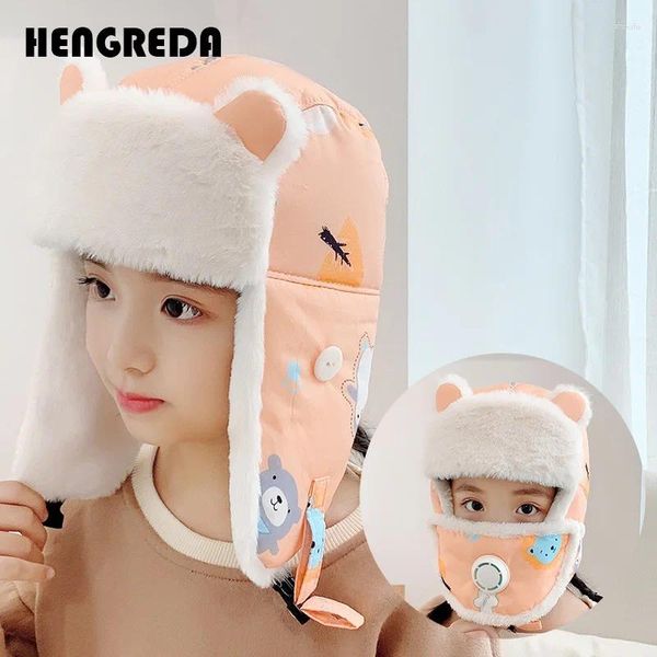 Boinas 2024 Criança Criança Capinho Lei Feng Snow Hat com máscara respirável de lã de malha ao ar livre lã grossa de lã de pescoço mais quente crianças
