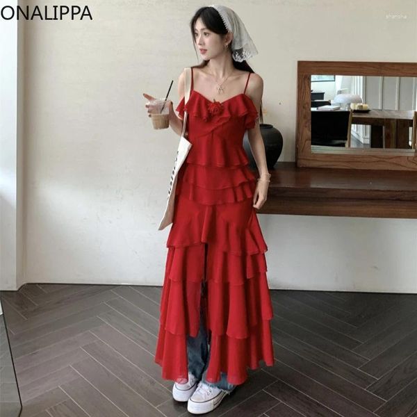 Lässige Kleider onalippa sexy Multi -Rüschen Kuchenkleid für Frauen solide unregelmäßige Design ärmellose Maxi Vestidos de Noche Jugendliche