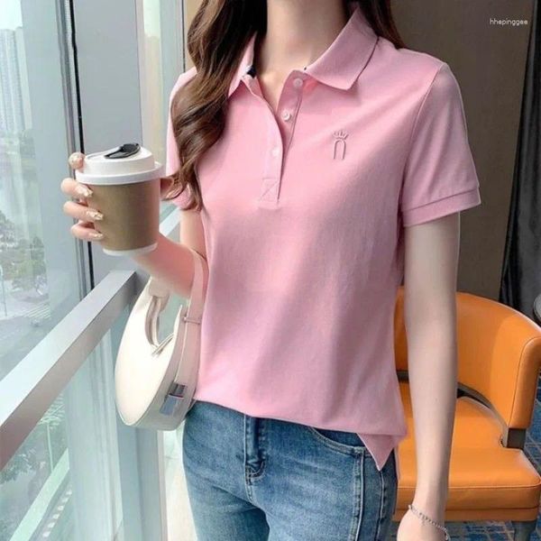 Frauen Polos Frau T -Shirt Stickerei Grafik Baggy Knopf Polo Hals Frauen bieten koreanische Kleidung hochwertiger Polyester hübsch