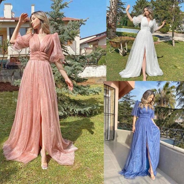 Partykleider Puffärmel Spitze Abschlussball 2024 Doppel gegen Nacken geteilte Abendkleider Hochzeit Gast Brautjungfernkleid Casual Femme Vestidos