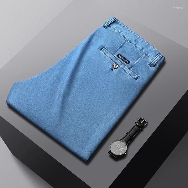 Calça de jeans masculina calça jeans casual calça modal calça de tecido masculino machos machos alongamento azul claro
