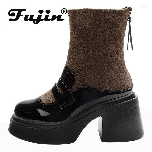 Botas fujin 8cm 2024 meias spandex zipper plataforma cujas de tecido de tecido de tecido botas de moda fashion mulher primavera outono de mujer