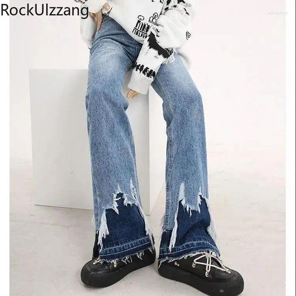 Damen Jeans Patchwork Colorblock Kontrast zerrissener Quaste Split Denim Pant High Street Harajuku Mode Ästhetik Frauen Kpop Freund