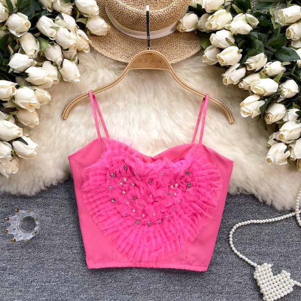 Kadın Tankları Şık Vintage Sırtsız Rhinestone Tüp Top Üç Boyutlu Çiçek Tank Kore Moda Yaz Plajı Kadın Mahsul