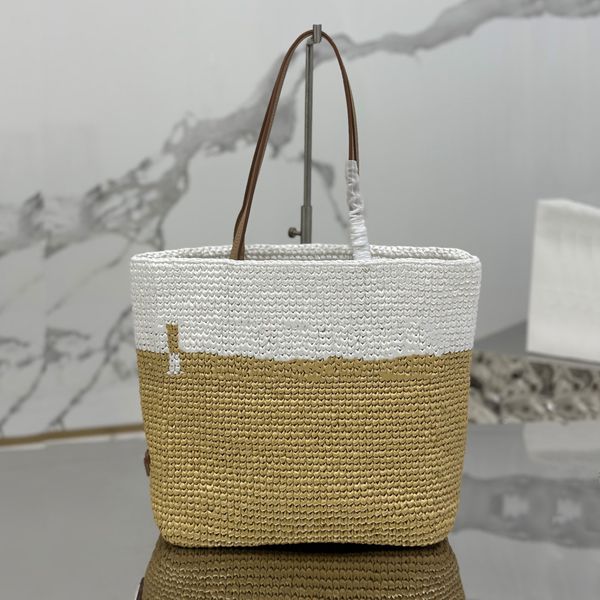 Nova crochê de verão e bolsa de couro Bolsa de luxo de luxo de palha de crochê bolsa de couro lateral bolsa de ombro de metal esmaltado grande capacidade de férias casual