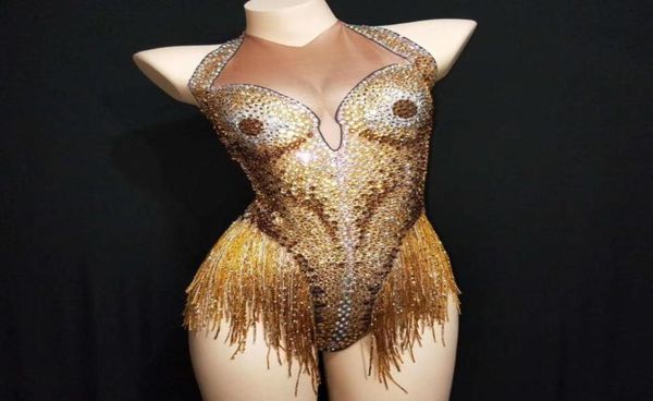 Calças de duas peças femininas Sexy Gold Rhinel Tassel Bodysuits Mulheres dançarinas esticadas Crystal Fringes Laraard Nightclub ShowGirl Stage PerformA4461159