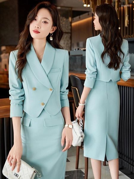 Arbeitskleider 2024 Spring Profession Set Women Crop Top und hohe Taillenstiftröcke Korean Slim Chic Office Lady 2 Stück Rockanzüge