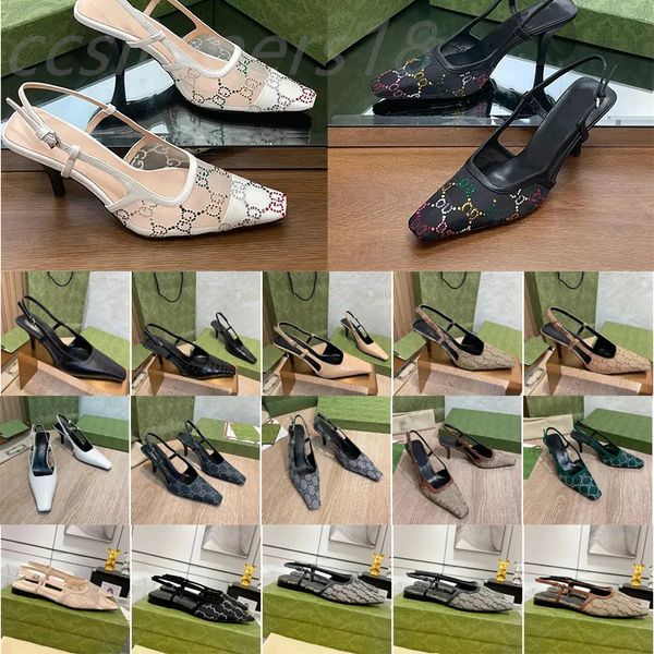 Elbise ayakkabılar sığ kesilmiş ayakkabılar slingback sandalet orta topuk siyah mesh g kristaller köpüklü baskı yüksek topuklu ayakkabılar deri yaz ayak bileği kayış kadınlar sanale