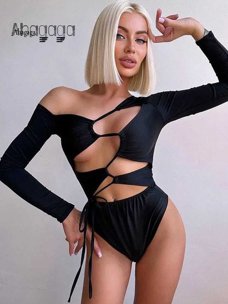 Tute da donna Rompers Ahagaga Solid Hollow Out Women Bodysuits Fashion Club Sexy Casual Lace-Up Full Slve Slim Skinny Rompers Top Strtwear Y240504