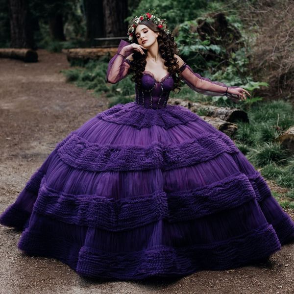Purple fora do ombro Vestido Quinceanera para menina doce Crystal Tull Tull Graduatin Party Prom Dress Vestidos de 15 Anos