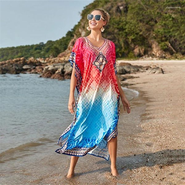 Pareo Beach Tunic Bikini Cover-ups Sexy Mulheres Plus Tamanho Boho Impressão Vestido Kaftan Split Summer Maxi Swim Wear Tampa