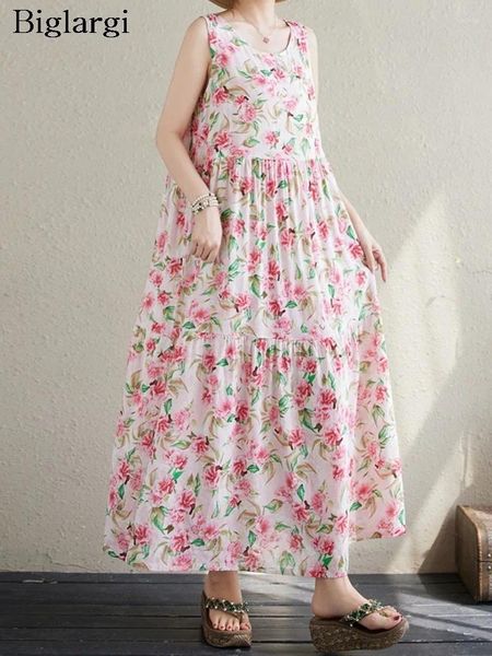 Vestidos casuais de flores rosa de grande tamanho estampa floral de verão vestido de colete sem mangas Mulheres briffodis femininas plissadas mulheres soltas longas