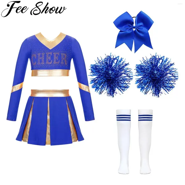 Kleidungssets Kinder Mädchen Cheerleader Uniform Langarm Crop Top mit pliserem Rock für Halloween Kostüm -Tanzperformance -Wettbewerb