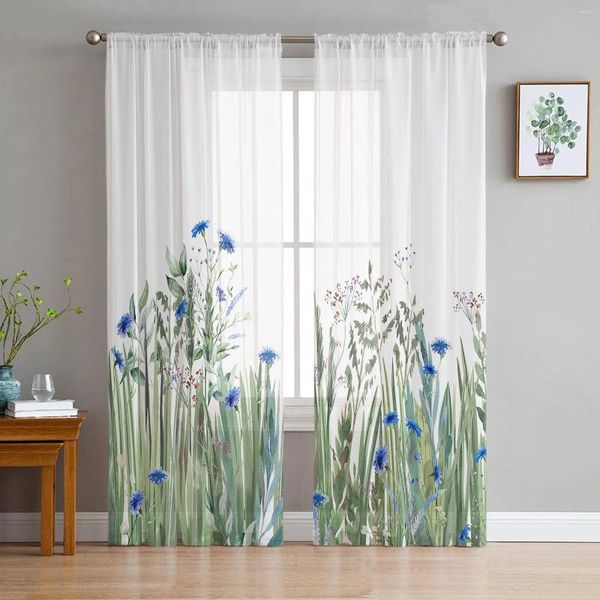 Cortina Flores de aquarela Plantas plantas azu-verde cortinas de tule para quarto quarto quarto decoração de decoração pura