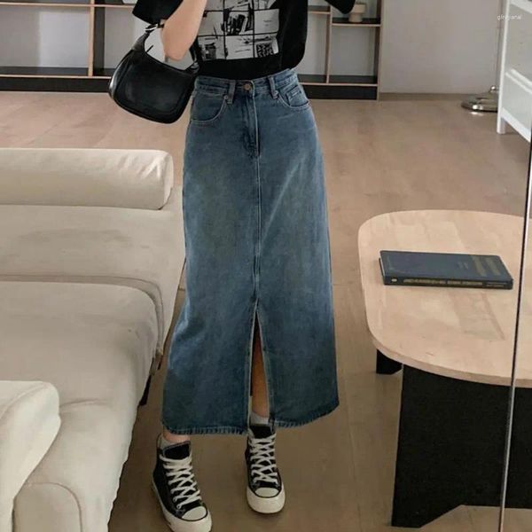 Saias de saia longa de cintura alta Vintage High Caist Denim Midi com bolsos de fenda frontal fechamento de botão retro lavado para mulheres