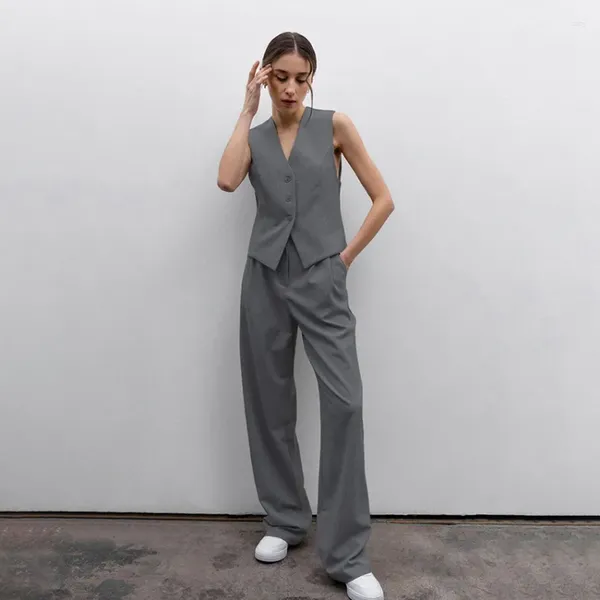 Pantaloni da donna a due pezzi fritte per pendolare senza maniche per donne estate casual grigio grigio v-scollo a gamba a gamba a gamba