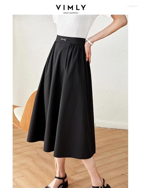 Saias Vimly elegante verão mulheres completas moda Solid Solid High Wisty A-Line Elastic Walty Lady Lady Korean Midi