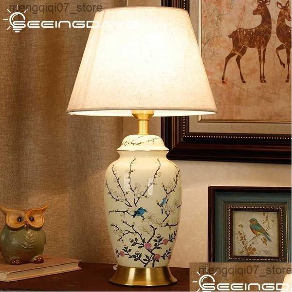 Lâmpadas Sombras Novo lâmpada de mesa de cerâmica de estilo chinês para sala de estar a mão de cama pintada à mão Villa retro decorativa entrega de queda baxqv