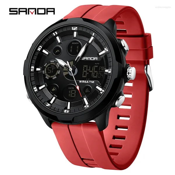 Relógios de pulso Sanda 9053 Men Relógio Eletrônico Lazer ao ar livre Data o cronógrafo Dual Display Red Silicone Strap Welt Watches para