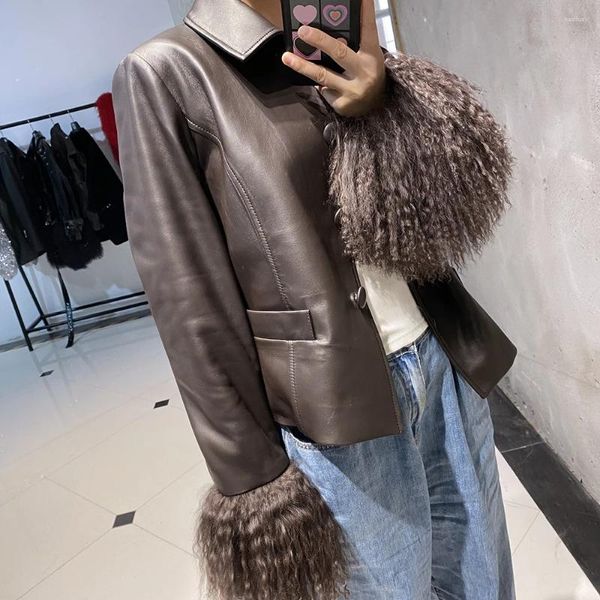 Женская кожаная holoagain Real Jacket Женская Mongolia Sheep Fur Cuffs 2024 Осень