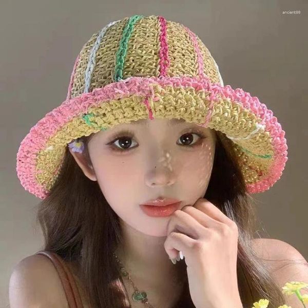 Chapéus largos de borda coreana corea Splicing Straw Bucket Hat Summer Summer Eaves Versátil Protetor solar protetor solar lase à beira da praia