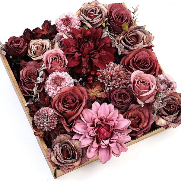 Flores decorativas Combos artificiais da Borgonha Dahlia Roses falsas de seda para Bouquets de Casamento DIY Decorações de Casas de Caso de Casamento