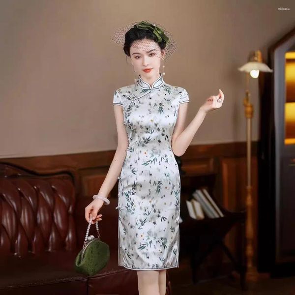 Abbigliamento etnico di alta qualità Vero seta Qipao Cheongsam Top Skirt Slip Fit Hanfu Abito da sera Elegante Old Shanghai-Slimming Lady