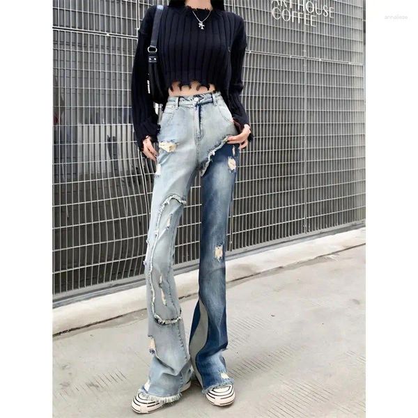 Jeans femminile americano retrò patchwork pantalone femme pantalone tassel design denim flare pantaloni autunno inverno 2024 ladies u127