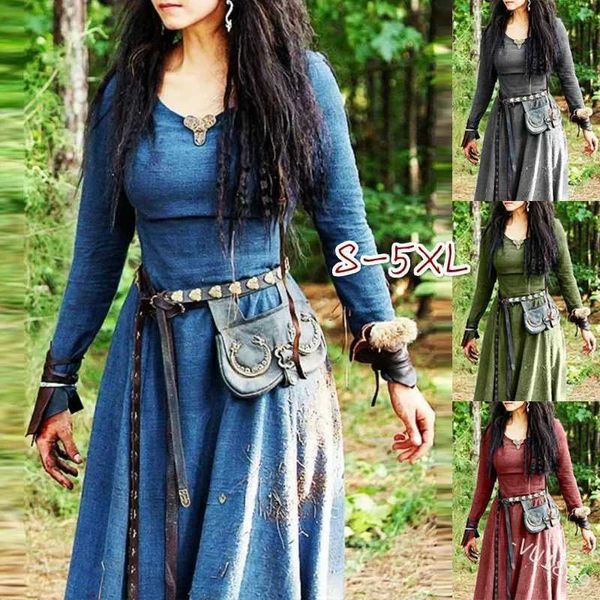 Temel gündelik elbiseler ortaçağ elbise kadın uzun kollu elbise retro peri elf elbise rönesans celtic viking gotik kostüm fantezi top elbise q240430