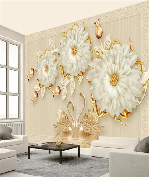 3D Luxury Jewelry Flower Swan TV romântica Papéis de parede de parede Decoração de casa Papel de Parede Para Quarto Papel de parede4702098