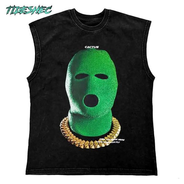 Vintage Teave Tepk Top Yeşil Gangster Kaput Grafik Tişört Tişört Pamuk Hip Hop Sokak Giyim Büyük Boy Desen Yıkanmış Üstler Yelek 240424