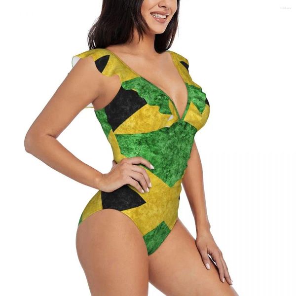 Frauen Badebekleidung gekräuselt einteilig Badeanzug Frauen Jamaika Metallic Flagge sexy Schnürung Monokini Girl Beach Badeanzug
