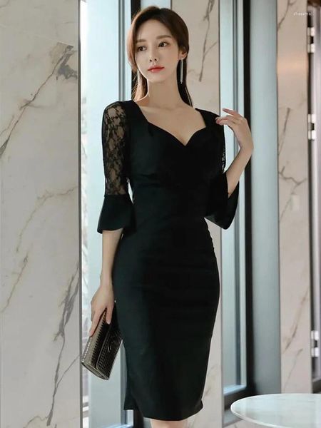 Abiti casual Summer Lady Work Style Sweet Black Dress Black Women Abiteria Elegante Ufficio Mujer Sexy Fareeve Slim Party Vestidos